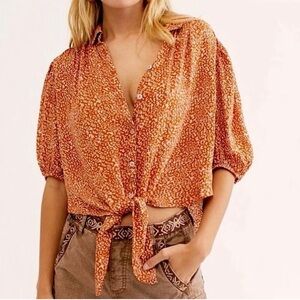 Free People Celia Print Tie Front Button Down Top Size Small